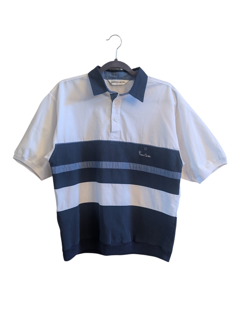Vintage Pierre Cardin Men M Colorblock Striped Ribbed Hem Polo Shirt Blue White